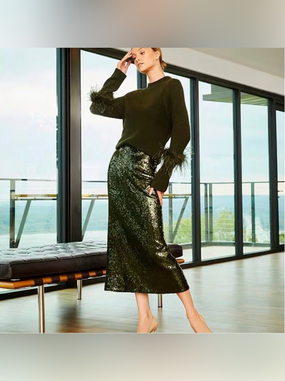 Antonio Melani Iman Sequin Pencil Midi Skirt in Green, Size 12